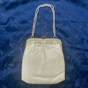 1950s Vntg Silver Glittery Evening Bag w/ Eggplant Lining & Double Chain Handle